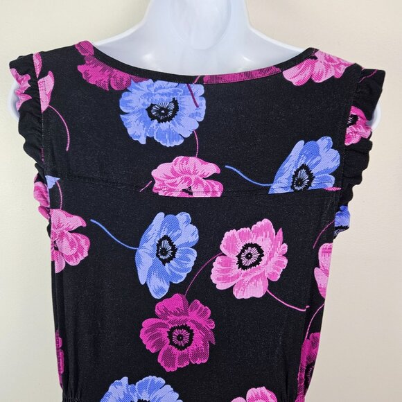 Elle Women's Sleeveless Floral Print Dress Size Large Black/Pink/Blue Casual - Picture 4 of 10